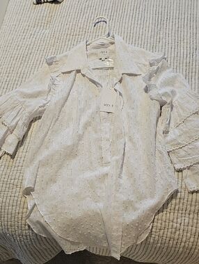 MISA Los Angeles White Ruffle-Sleeve Button-Up Top